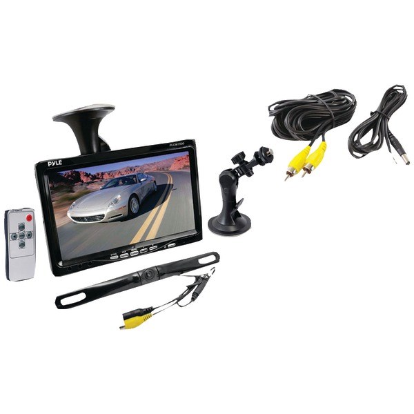 PYLE PLCM7500 7" Window Suction-Mount TFT LCD Widescreen Monitor & License Plate Mount Rearview Color Camera with Distance-Scale Line
